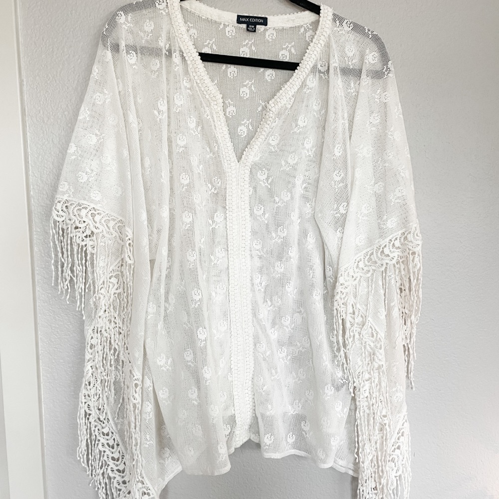 White floral and fringe pool cover up